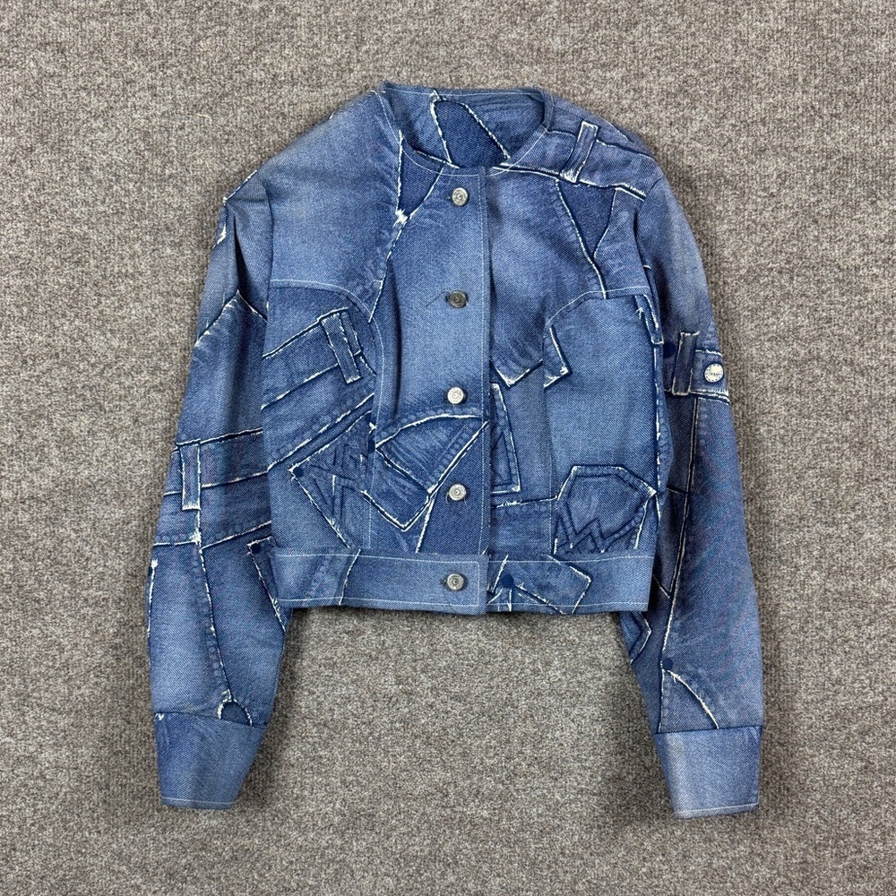 Vintage Blue Patchwork Denim Jean Jacket Women’s S Short Collarless Button Front